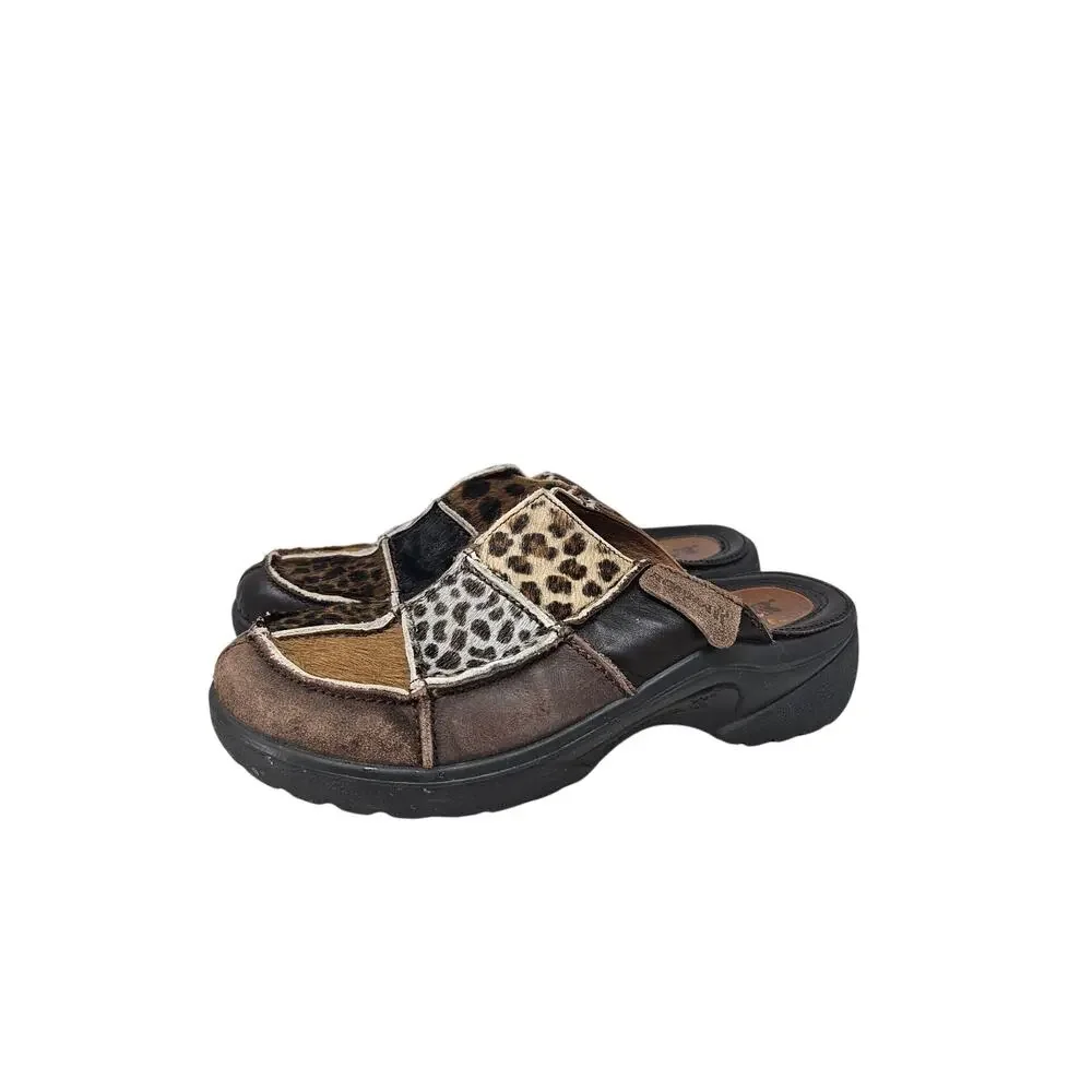 Romika 40 Brown Calf Hair Patchwork Animal Print Chunky Clog Mule Grunge Whimsy